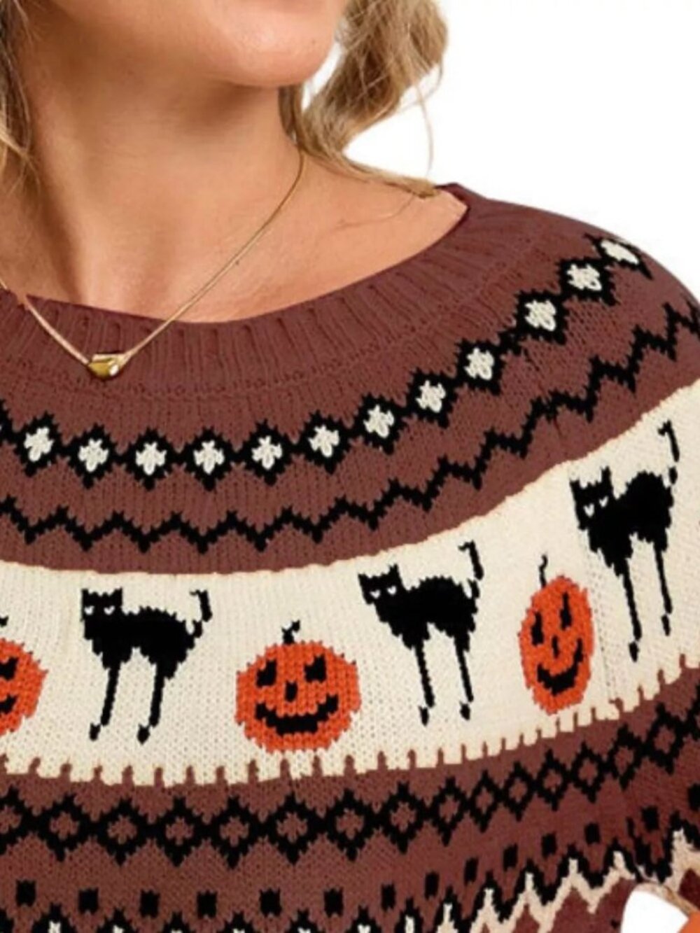 Black Cat Jack-O'-Lantern Pumpkin Fair Isle Halloween Top Crew Neck Knit Sweater - Picture 3 of 6